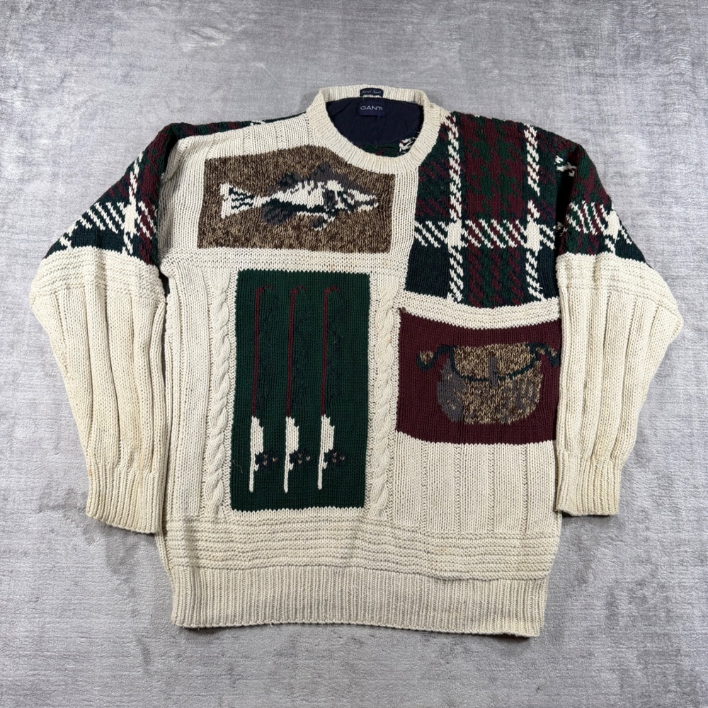 Gant Sweater Mens XL Cream Vintage 90s Fishing Intarsia Hand Knit Patchwork